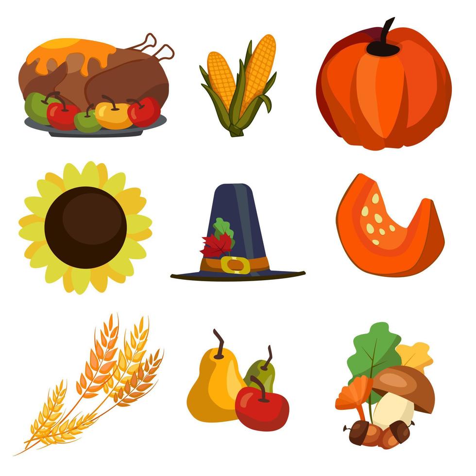 joyeuse dinde de dessin animé de thanksgiving sertie de pommes, poires, citrouille, tranche de citrouille, chapeau, feuilles, blé, champignons, blé, tournesol, vecteur