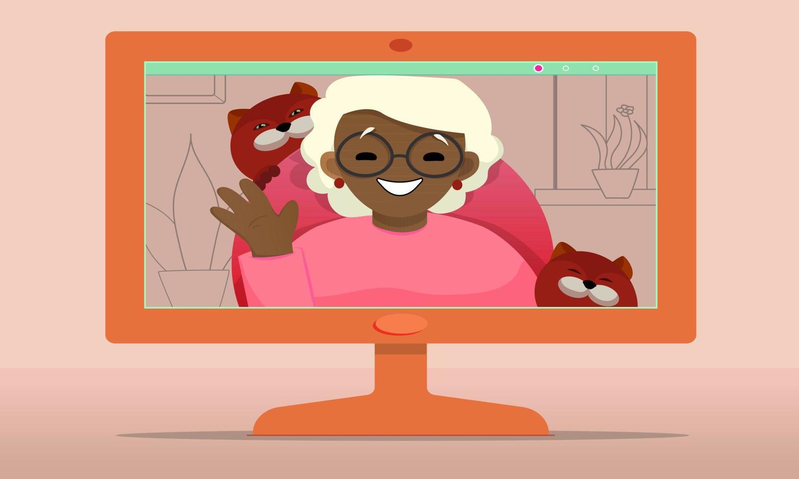 illustration vectorielle d'ordinateur d'une grand-mère noire heureuse avec des chats en appel vidéo vecteur
