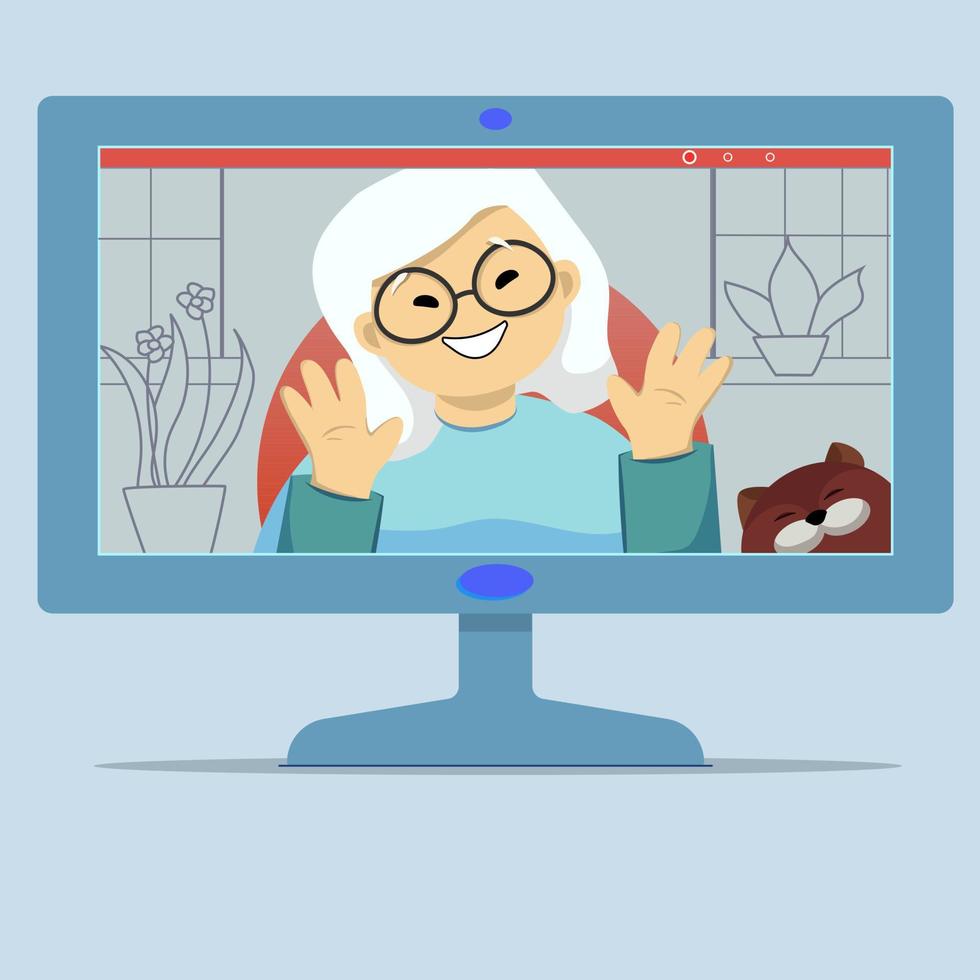 illustration vectorielle d'ordinateur d'une grand-mère asiatique lors d'un appel vidéo avec un chat vecteur