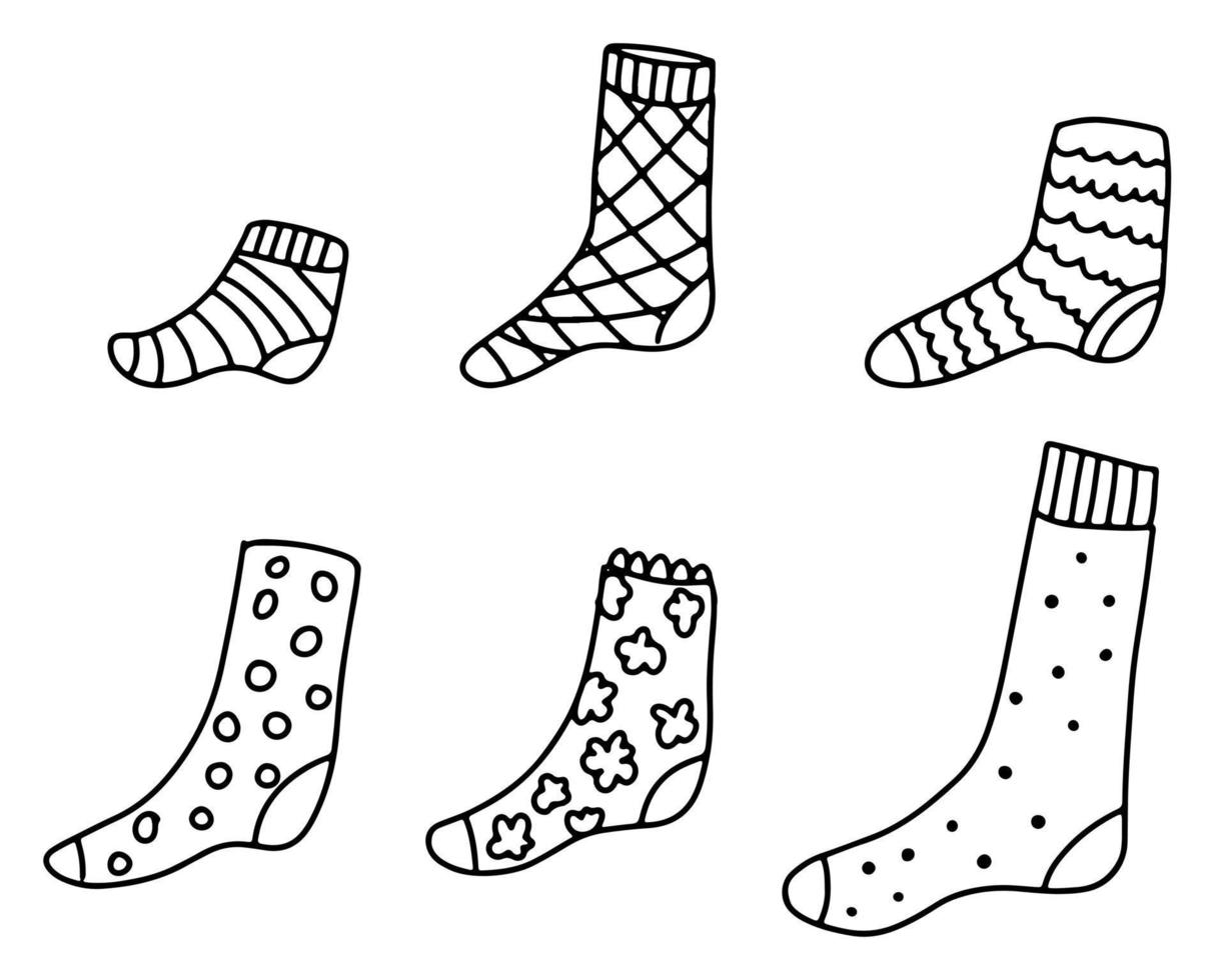 un ensemble de chaussettes dessinées à la main. chaussettes dessinées avec un contour, des icônes vecteur