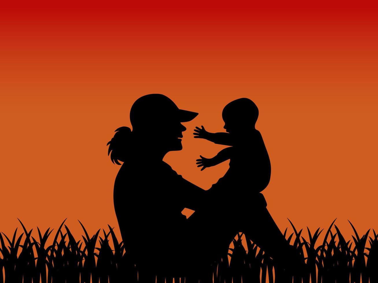 femme avec enfant sur la silhouette de fond de coucher de soleil vecteur