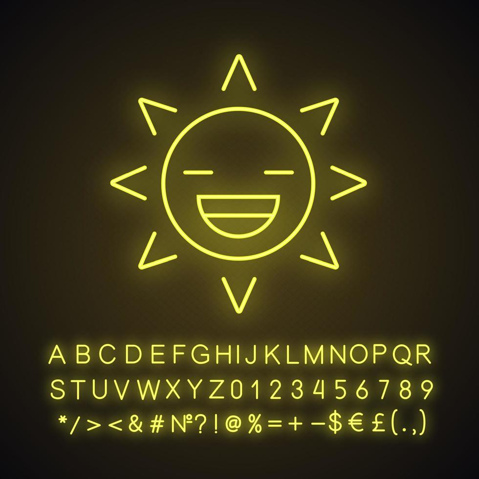 icône de néon sourire soleil riant. heure d'été. visage de soleil heureux avec un large sourire et les yeux fermés. signe lumineux avec alphabet, chiffres et symboles. illustration vectorielle isolée vecteur