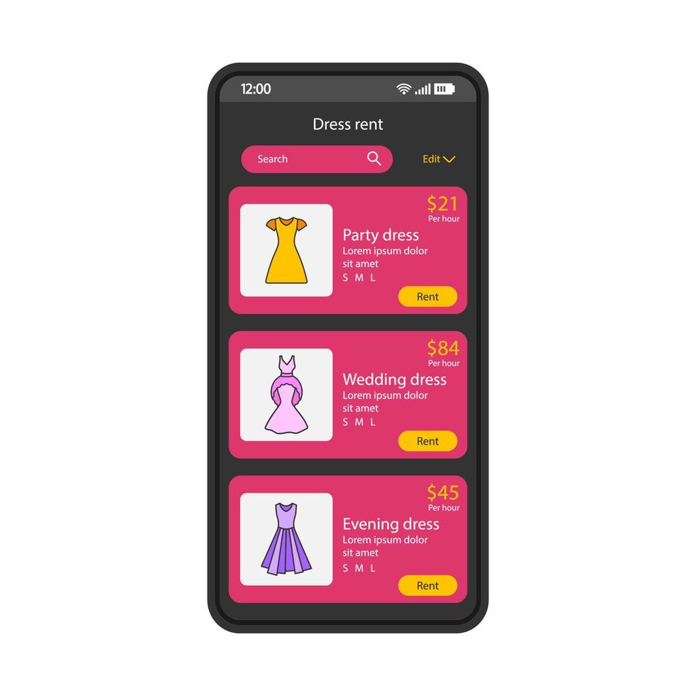 modèle de vecteur d'interface de smartphone d'application de location de vêtements. mise en page de conception noire de la page d'application d'achat mobile. fête, mariage, écran de location de robes de soirée. interface utilisateur plate. affichage de téléphone de publicités en ligne