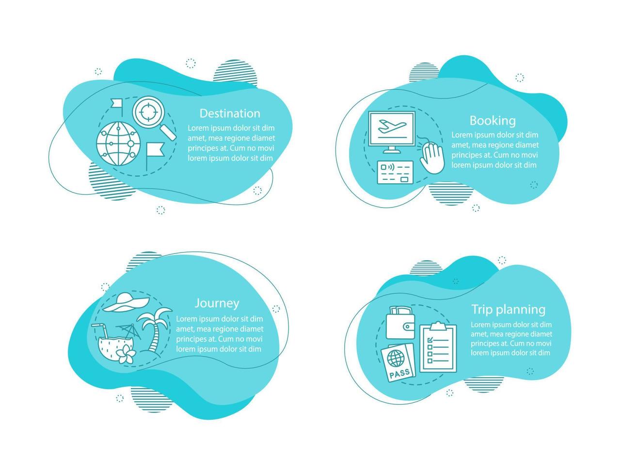 illustrations de concept d'agence de voyage. modèle d'infographie de planificateur de voyage. éléments fluides avec texte et icônes linéaires. vacances d'été. étapes de bulles ondulées. présentation, bannière rapport cliparts vectoriels vecteur