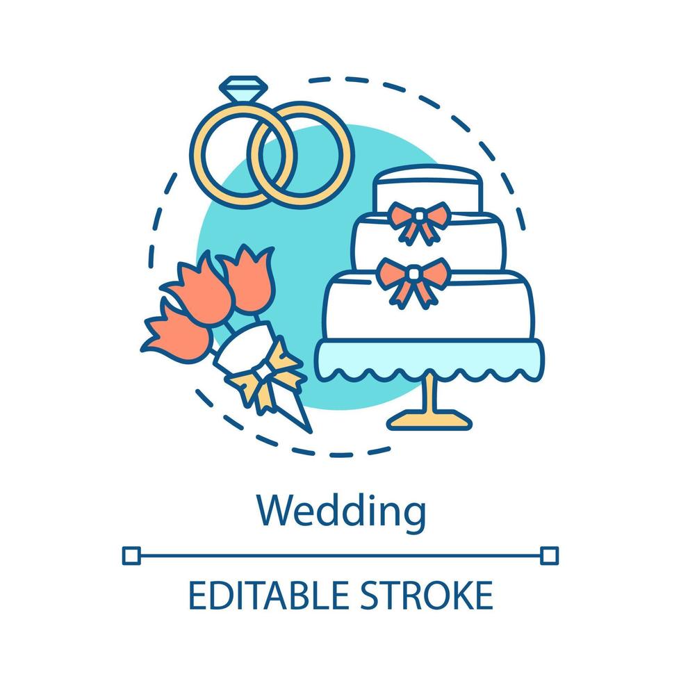 icône de concept de planification de mariage. idée de mariage illustration fine ligne. se marier. bagues de fiançailles, gâteau de vacances, bouquet de fleurs. accessoires de mariage. dessin de contour isolé de vecteur. trait modifiable vecteur