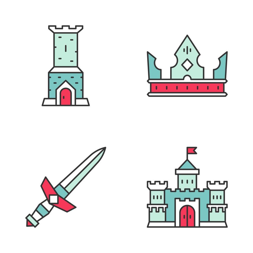 jeu d'icônes de couleur médiévale. tour du château, couronne du roi, épée en métal, château du seigneur. illustrations vectorielles isolées vecteur