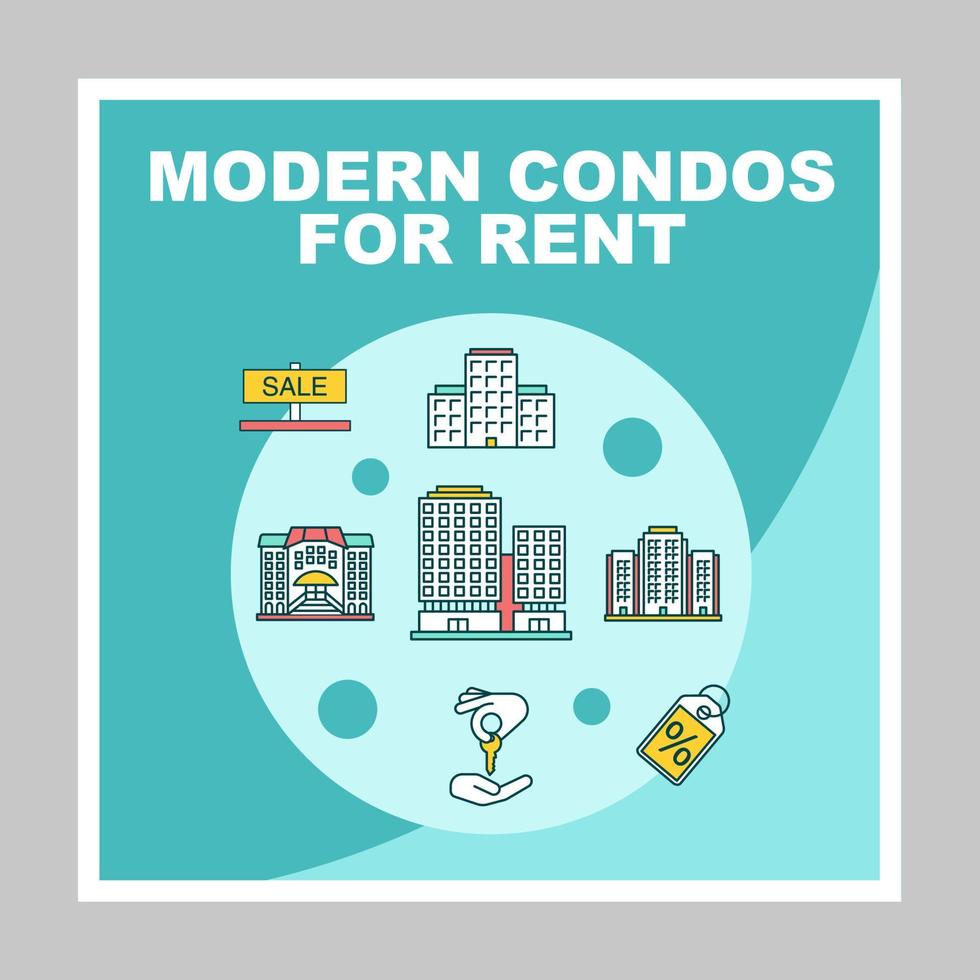 condos modernes à louer maquette de publications sur les réseaux sociaux. immobilier. modèle de conception de bannière web publicitaire. booster de médias sociaux, mise en page du contenu. bordure de promotion isolée, cadre avec titres, icônes linéaires vecteur