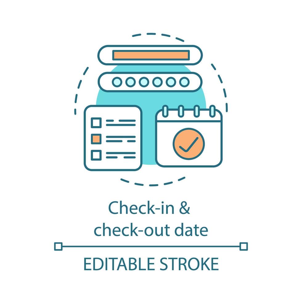 icône de concept de terme d'enregistrement et de départ. voyage auto-organisé. calendrier, date d'arrivée et de départ. illustration de ligne mince d'idée d'hôtel de réservation. dessin de contour isolé de vecteur. trait modifiable vecteur