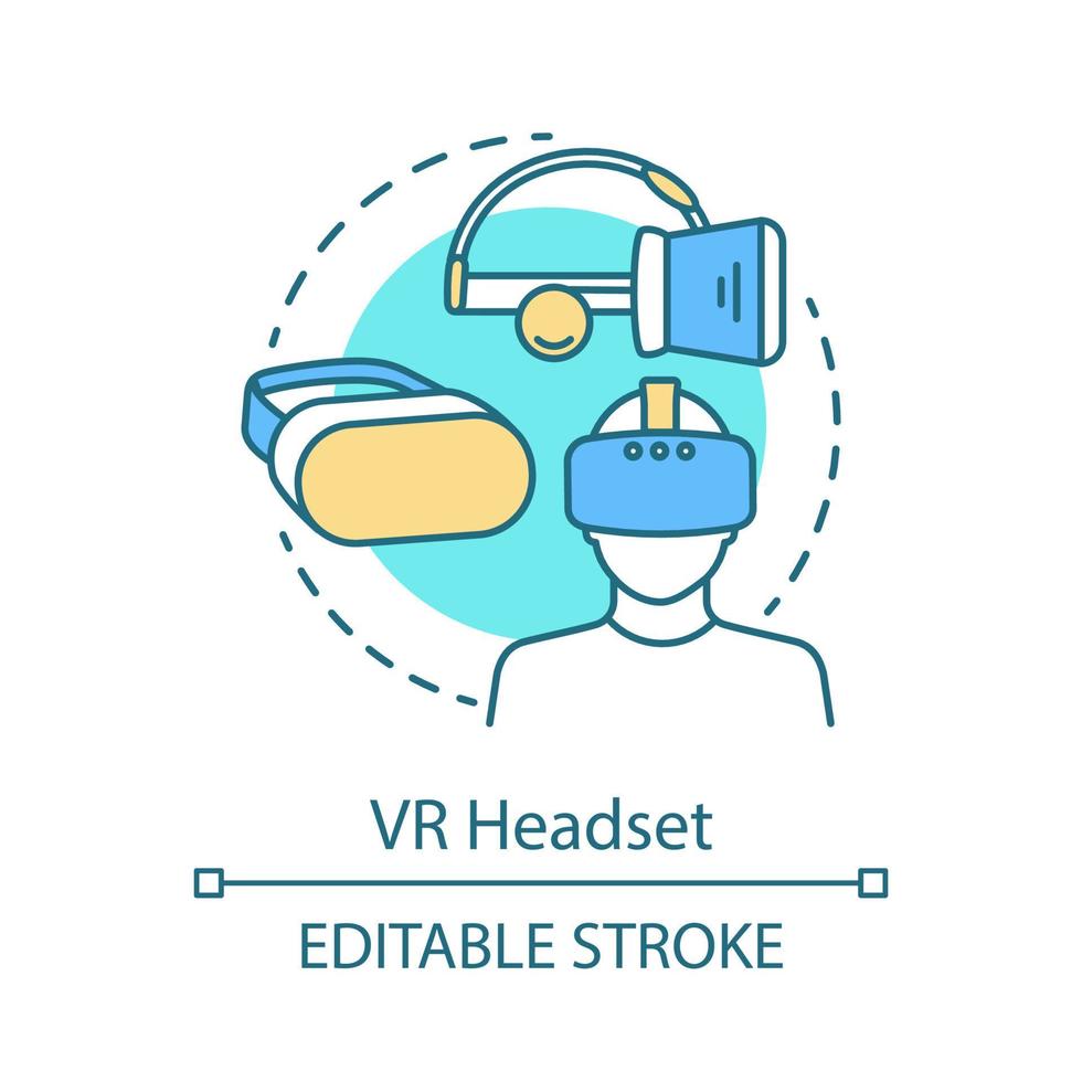 icône de concept de casque vr. dispositif de réalité virtuelle. visiocasque stéréoscopique. ensemble de masques de réalité virtuelle. lunettes vr, lunettes idée icônes de ligne mince. dessin de contour isolé de vecteur. trait modifiable vecteur