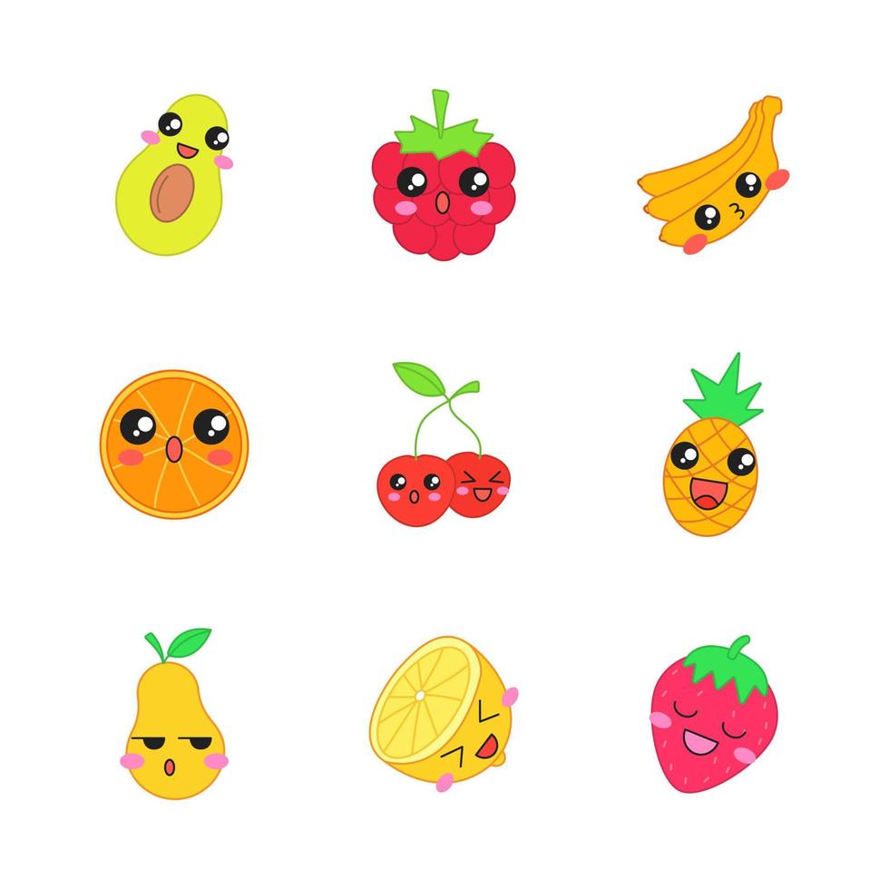 fruits personnages vectoriels kawaii mignons. baies avec un visage souriant. banane et orange surprise. heureux avocat et ananas. emoji drôle, émoticône, sourire. illustration de couleur de dessin animé isolé vecteur