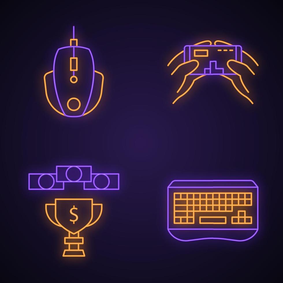 jeu d'icônes de lumière néon esports. appareils de jeu. jeu mobile. prix en argent. signes lumineux. illustrations vectorielles isolées vecteur