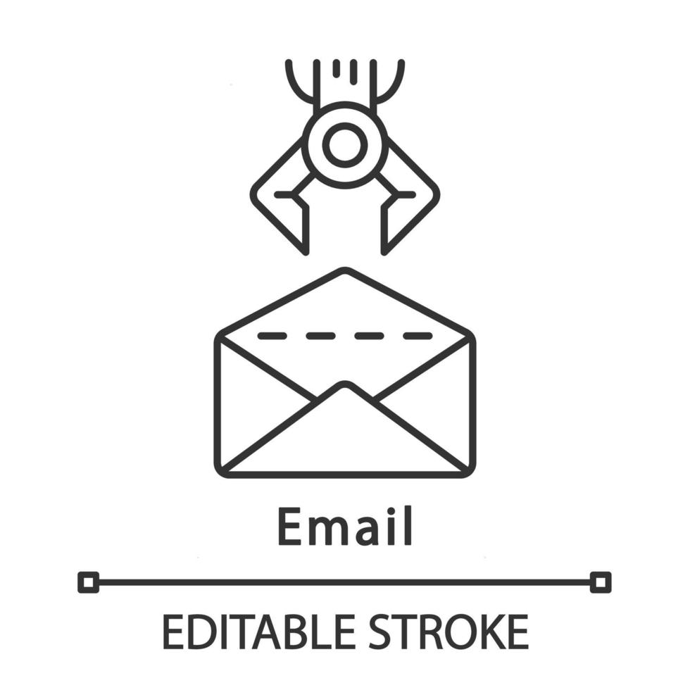 icône linéaire de courrier électronique. enveloppe d'ouverture de robot. automatiser les flux de travail. automatisation des processus administratifs. rpa. illustration de la ligne mince. symbole de contour. dessin de contour isolé de vecteur. trait modifiable vecteur