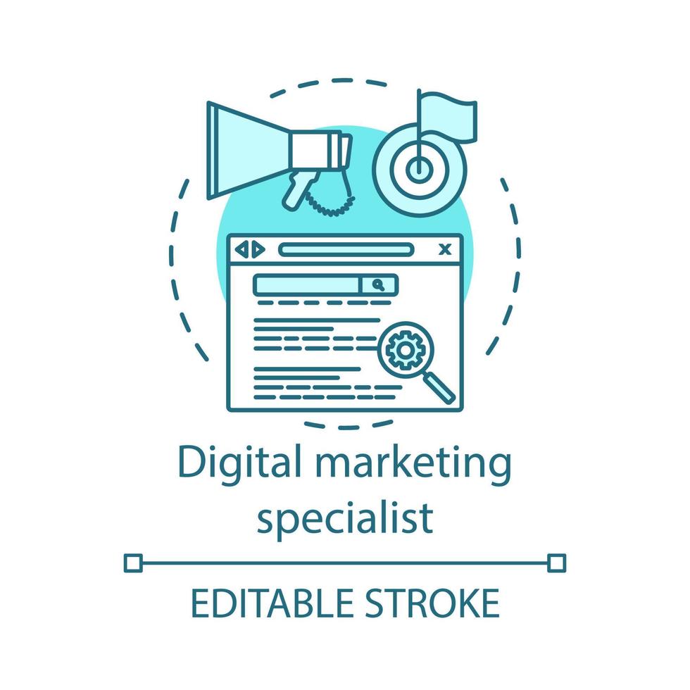 icône de concept de spécialiste du marketing numérique. illustration de fine ligne d'idée d'optimisation de moteur de recherche. stratégie de référencement. commercialisation ciblée. classement du site. dessin de contour isolé de vecteur. trait modifiable vecteur