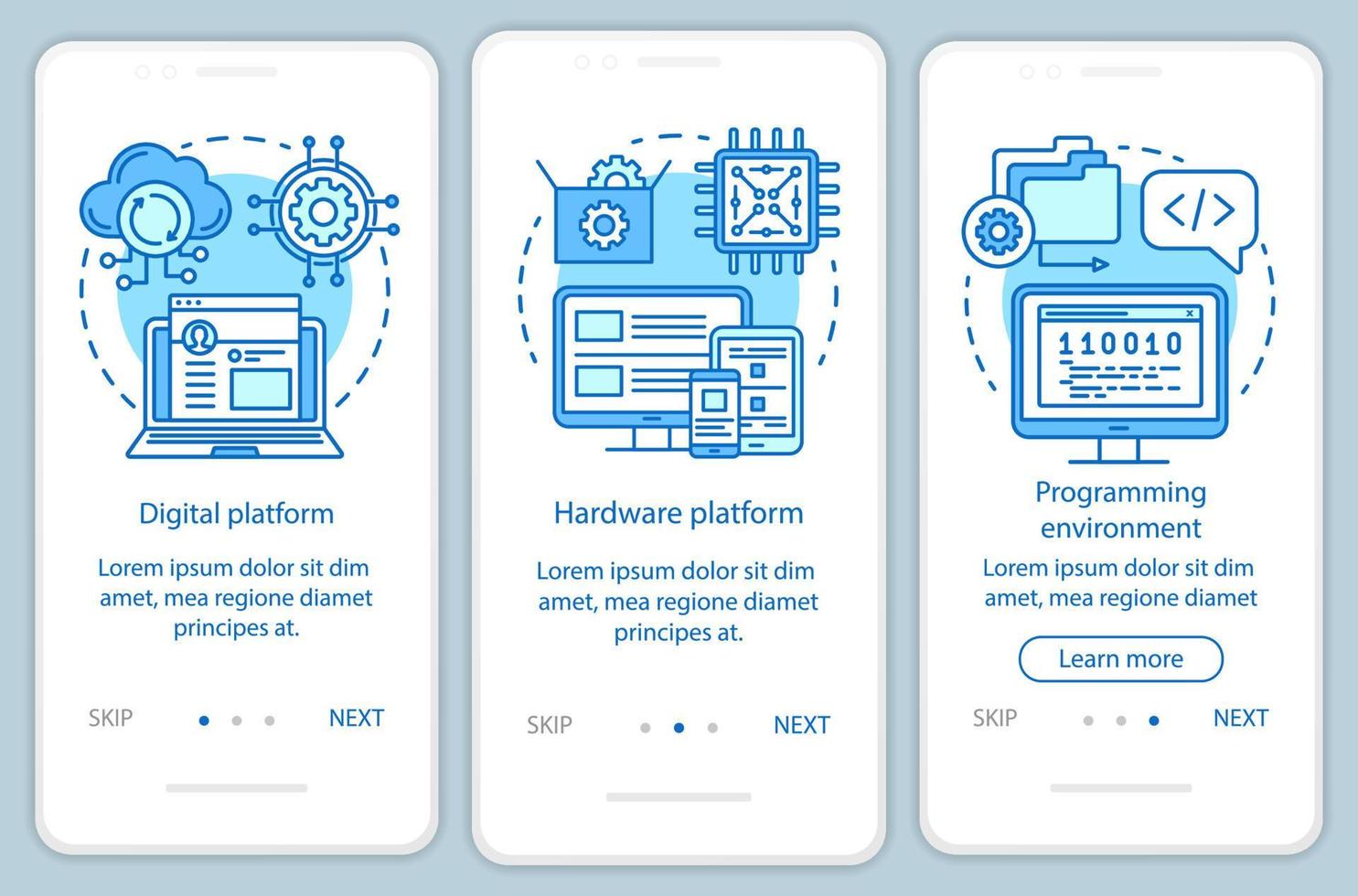 modèle de vecteur d'écran de page d'application mobile d'intégration de plate-forme matérielle. logiciel de test électronique. étapes du site Web pas à pas avec des illustrations linéaires. concept d'interface de smartphone ux, ui, gui