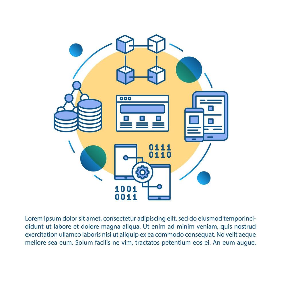 modèle de vecteur de page d'article de test d'application multiplateforme. brochure technologique, magazine, élément de conception de livret avec icônes linéaires et zones de texte. design d'impression. illustrations de concept avec espace de texte