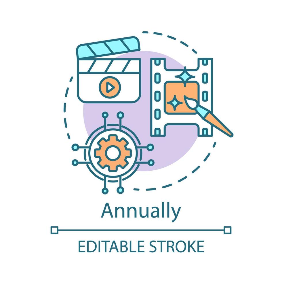 icône de concept annuel. illustration de l'idée de tarif d'abonnement à l'éditeur vidéo. montage de films. appliquer des effets. programme de motion design. dessin de contour isolé de vecteur. trait modifiable vecteur