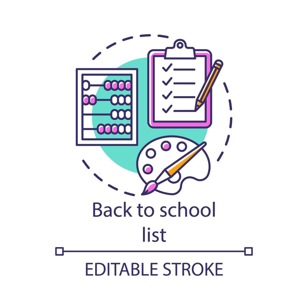 retour à l'icône de concept de liste scolaire. étudie l'idée de préparation de l'illustration de la ligne mince. vérification du matériel des élèves. liste de contrôle, boulier et pinceau avec dessin de contour isolé de vecteur de palette. trait modifiable