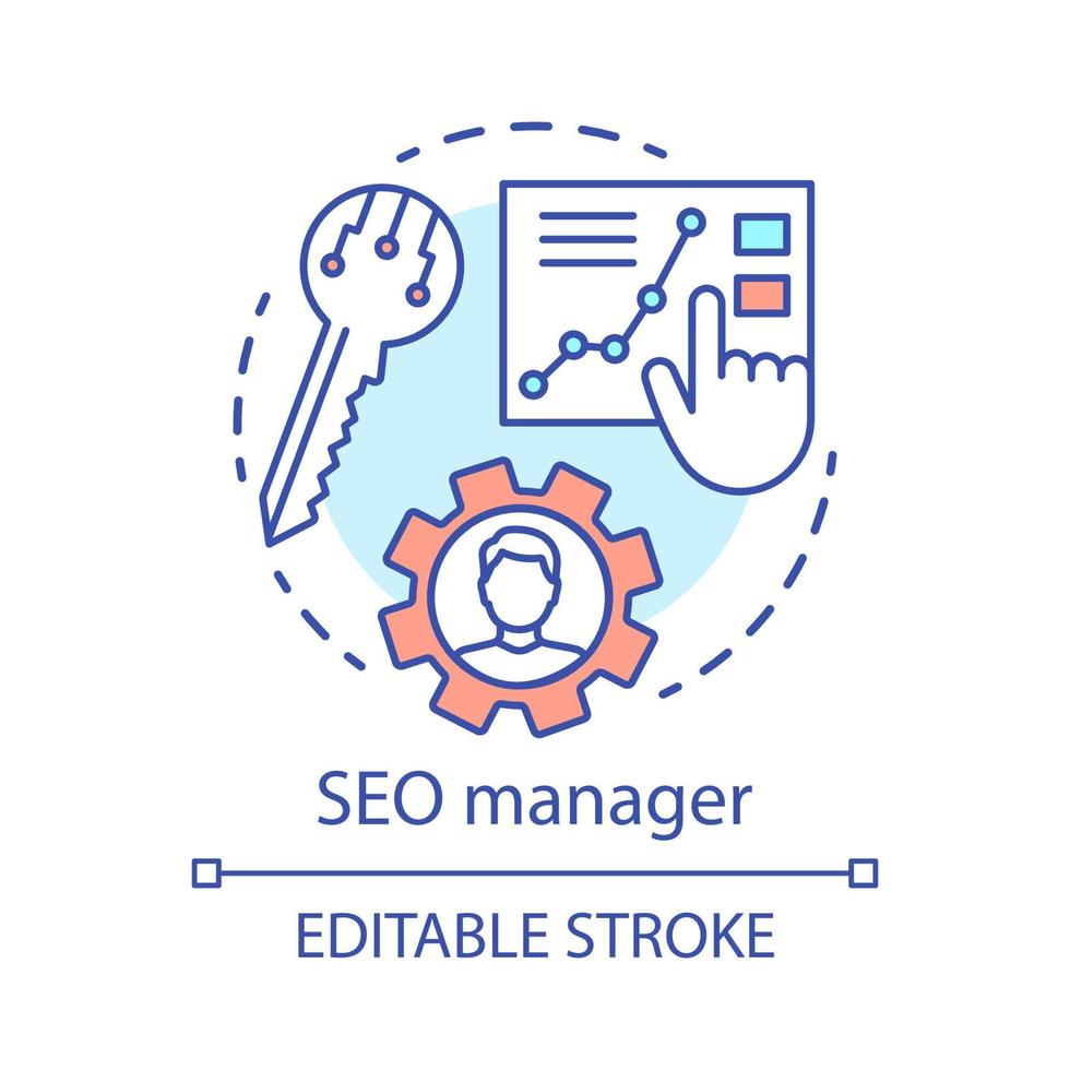 icône de concept de gestionnaire de référencement. illustration de fine ligne d'idée de spécialité de marketing numérique. optimisation du moteur de recherche. stratégie de référencement, contenu du site Web. dessin de contour isolé de vecteur. trait modifiable vecteur