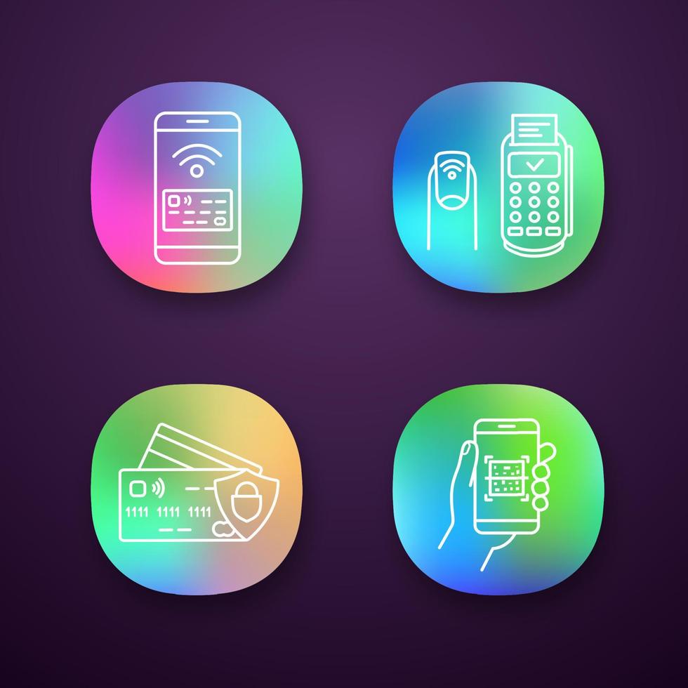 ensemble d'icônes d'application de paiement nfc. payer avec smartphone, manucure nfc, cartes de crédit, scanner de code qr. interface utilisateur ui ux. applications web ou mobiles. illustrations vectorielles isolées vecteur