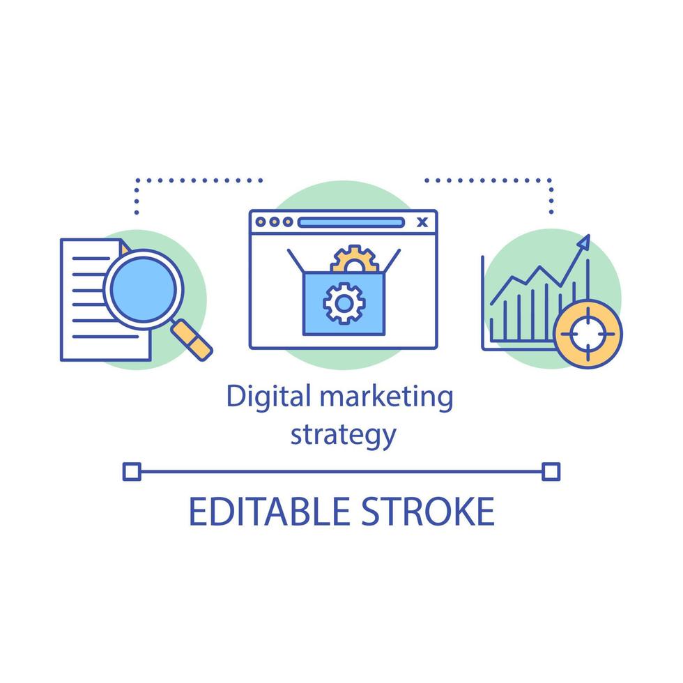 icône de concept de stratégie de marketing numérique. seo, illustration de ligne mince d'idée de médias sociaux. contenu, e-mail marketing, conversions. dessin de contour isolé de vecteur. trait modifiable vecteur