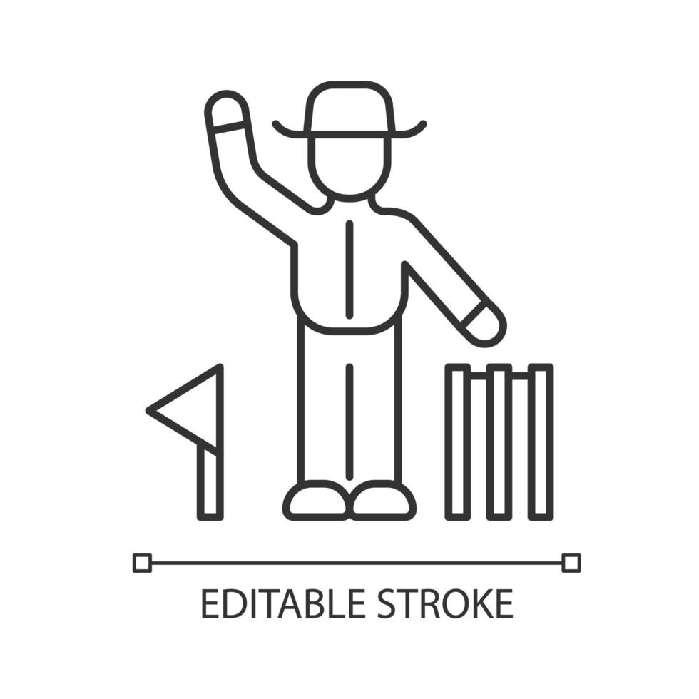 icône linéaire de juge de cricket. l'arbitre signale la décision. l'arbitre suit le jeu. homme en uniforme, drapeau et guichet. illustration de la ligne mince. symbole de contour. dessin de contour isolé de vecteur. trait modifiable vecteur