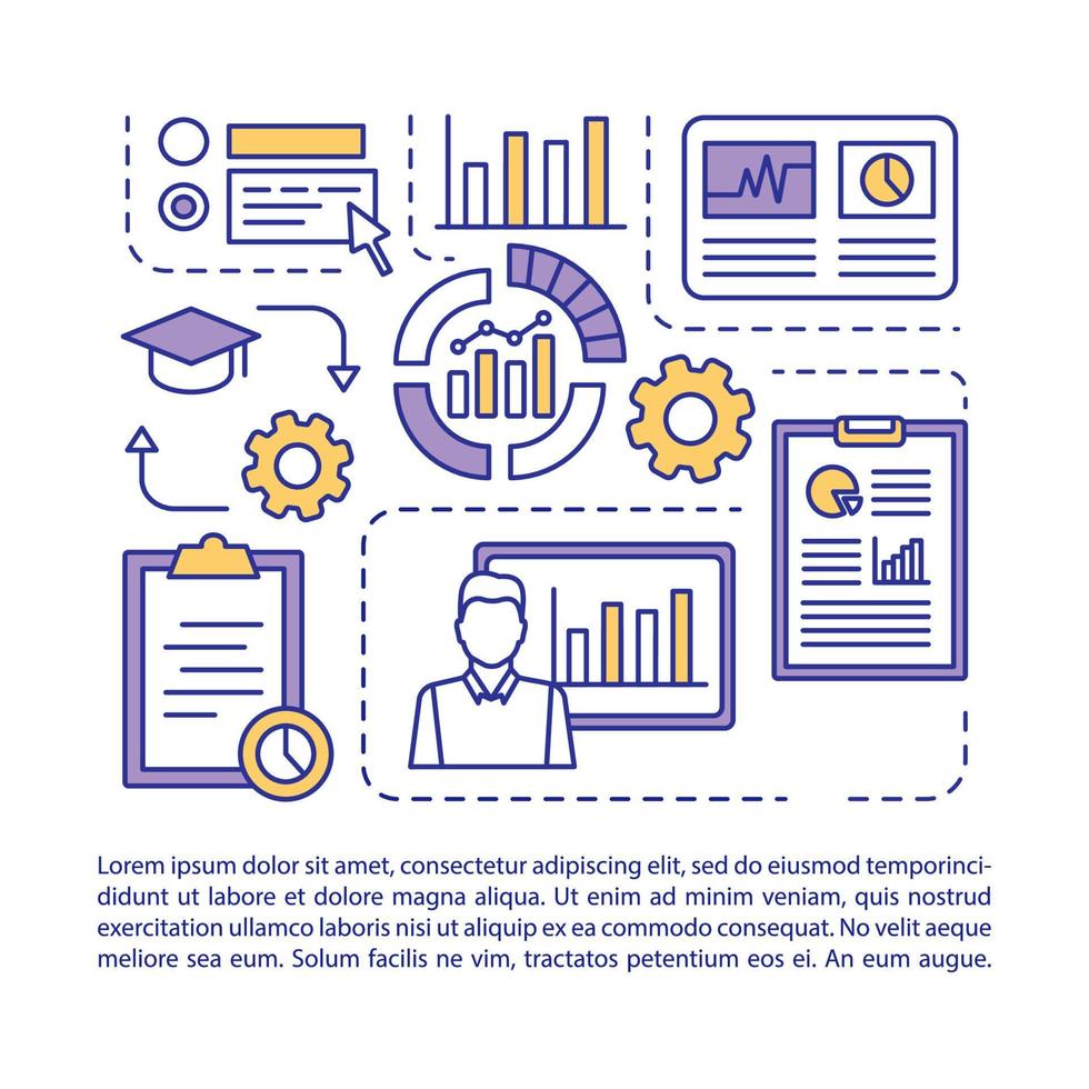 modèle de vecteur de page d'article de cours de statistiques. métriques, leçon d'analyse de données. brochure, magazine, élément de conception de livret avec icônes linéaires et zones de texte. design d'impression