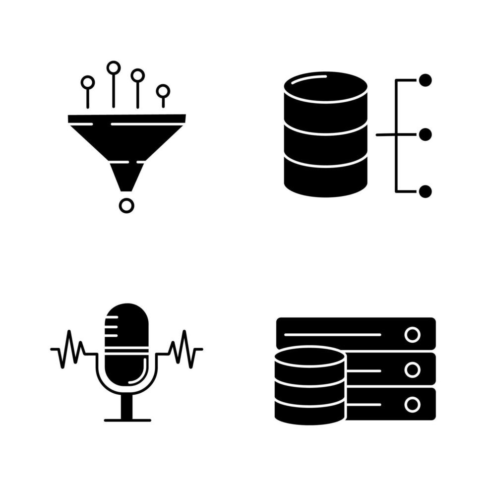 jeu d'icônes de glyphe d'apprentissage automatique. filtrage de données, base de données relationnelle, serveur, reconnaissance vocale. symboles de silhouettes. illustration vectorielle isolée vecteur