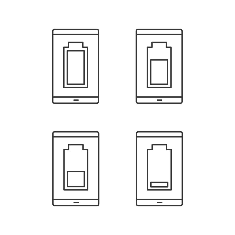 batterie de smartphone chargeant des icônes linéaires définies. indicateur de niveau de batterie de téléphone portable. charge moyenne, basse et haute. symboles de contour de ligne mince. illustrations de contour de vecteur isolé. trait modifiable