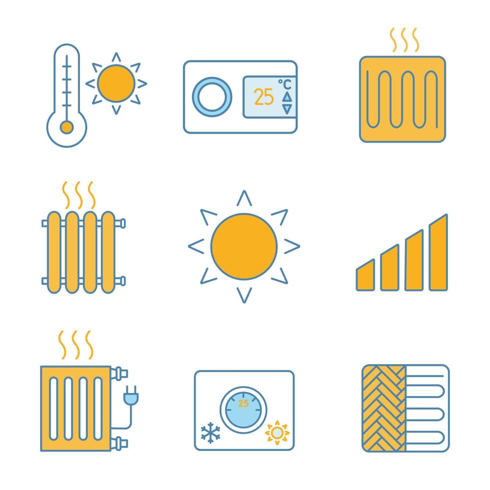 ensemble d'icônes de couleur de climatisation. température estivale, thermostat, élément chauffant, radiateur, chauffage, soleil, niveau de puissance, climatisation, chauffage au sol. illustrations vectorielles isolées vecteur