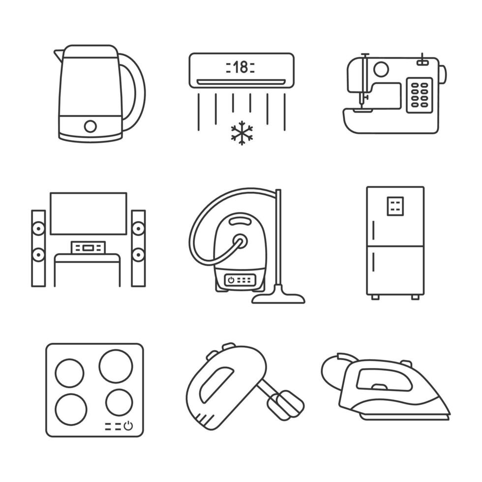 ensemble d'icônes linéaires d'appareils ménagers. bouilloire, climatiseur, machine à coudre, home cinéma, aspirateur, réfrigérateur, plaque de cuisson, mixeur, fer à vapeur. illustrations vectorielles isolées. trait modifiable vecteur