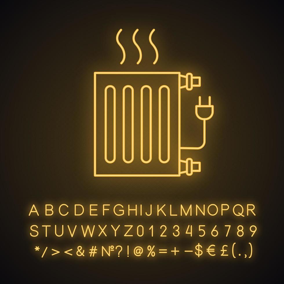 icône de néon de radiateur électrique. batterie chauffante. chauffe-eau. signe lumineux avec alphabet, chiffres et symboles. illustration vectorielle isolée vecteur