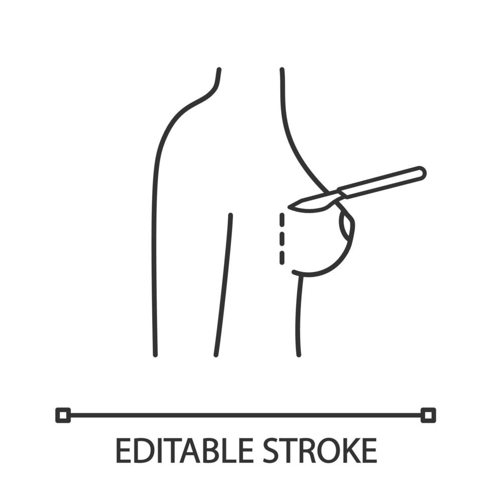 icône linéaire d'incision d'augmentation mammaire. illustration de la ligne mince. chirurgie corrective du sein chez la femme. mammoplastie. incision au bistouri de chirurgie plastique. dessin de contour isolé de vecteur. trait modifiable vecteur