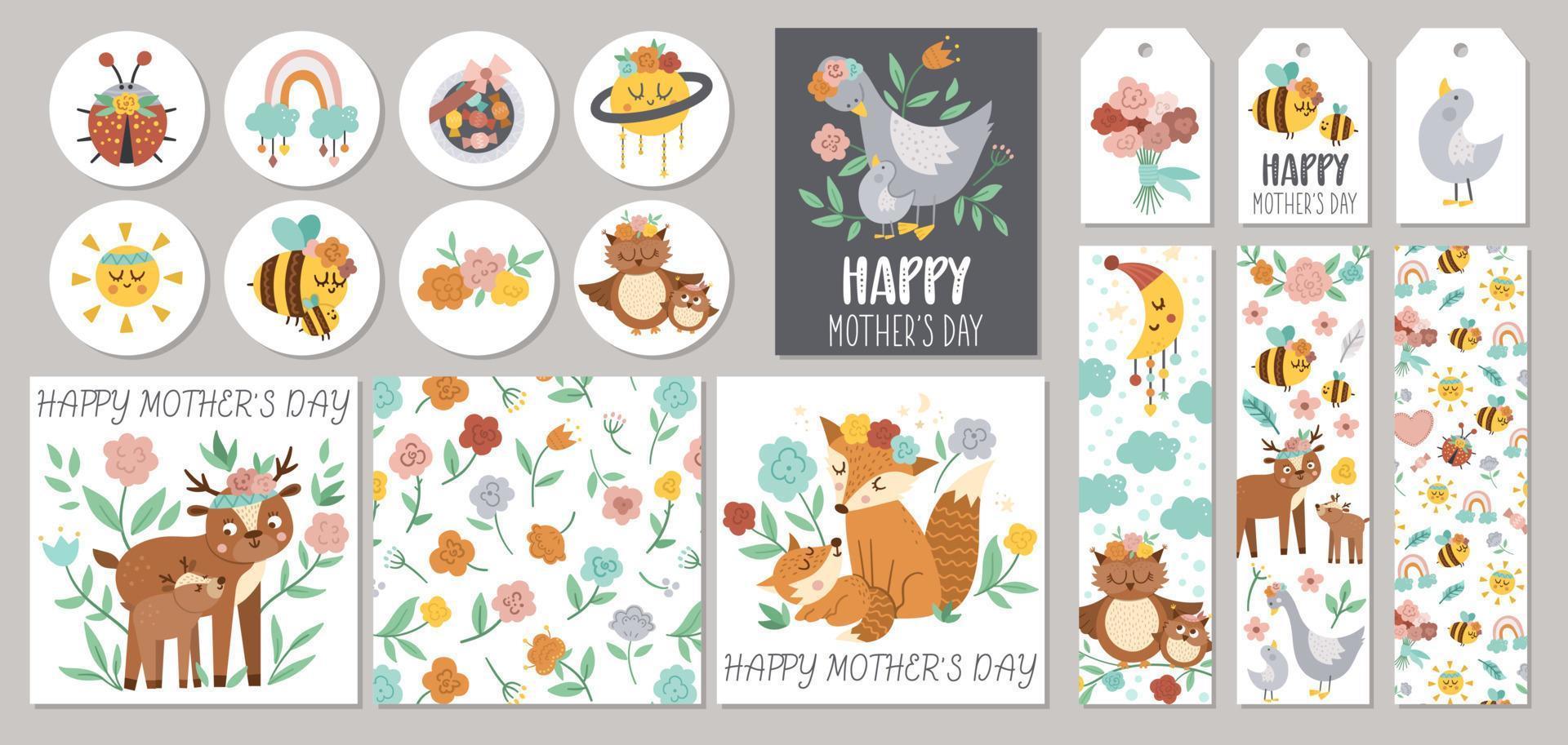 joli jeu de cartes de vente pour la fête des mères avec d'adorables bébés animaux de la forêt et leurs parents. modèles d'impression vectoriels carrés, ronds, horizontaux et verticaux. conceptions de vacances pour étiquettes, cartes postales, vente, scrapbooking. vecteur