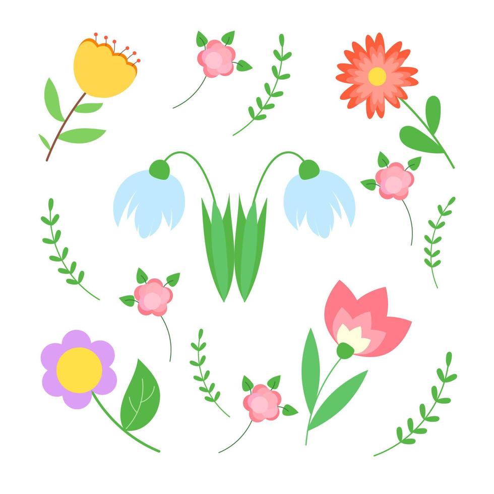 ensemble d'illustrations vectorielles plates de fleurs de printemps. icônes isolés sur fond blanc. vecteur