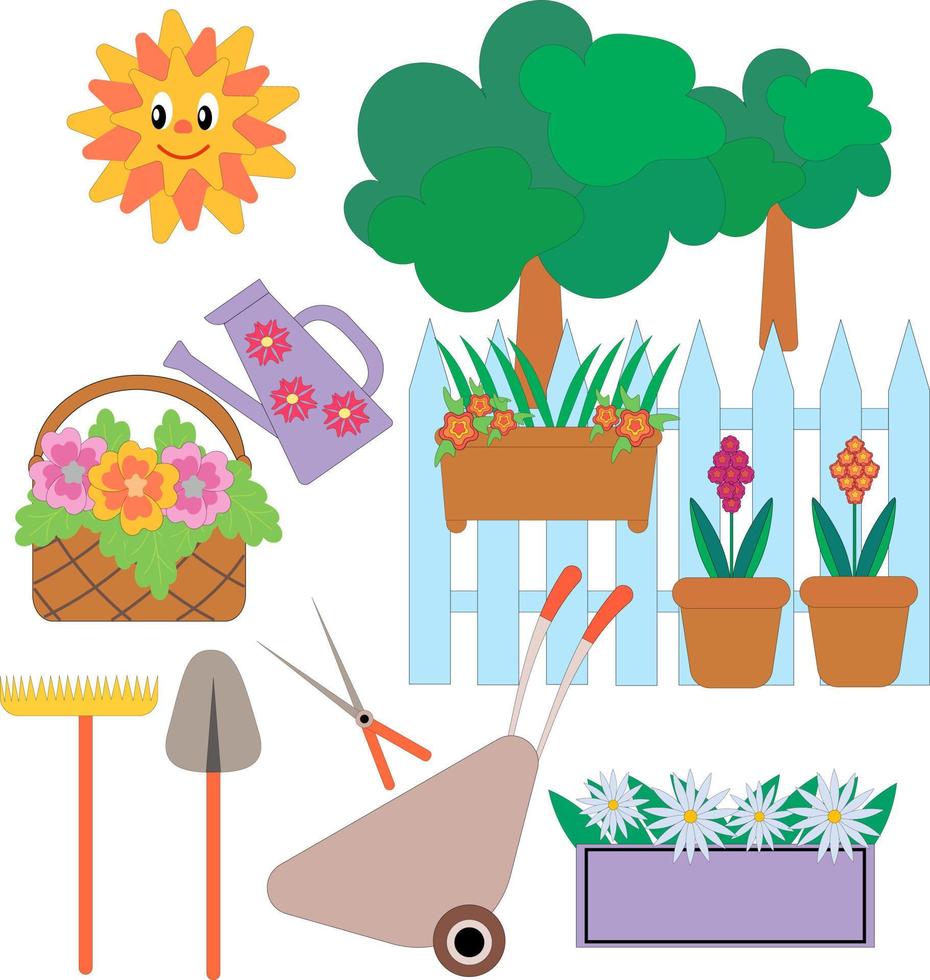 collection d'outils de jardin, fleurs, plantes. éléments de conception dans un style plat de dessin animé. illustrations vectorielles de couleur isolées sur un blanc. vecteur