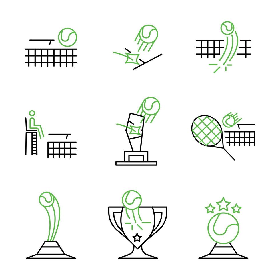 coupes de tennis, arbitre, balle, raquette et jeu d'icônes de terrain. cette icône est l'icône symboles du match de tennis. jeu d'icônes de compétition sportive. trait modifiable. logo, web et application. vecteur