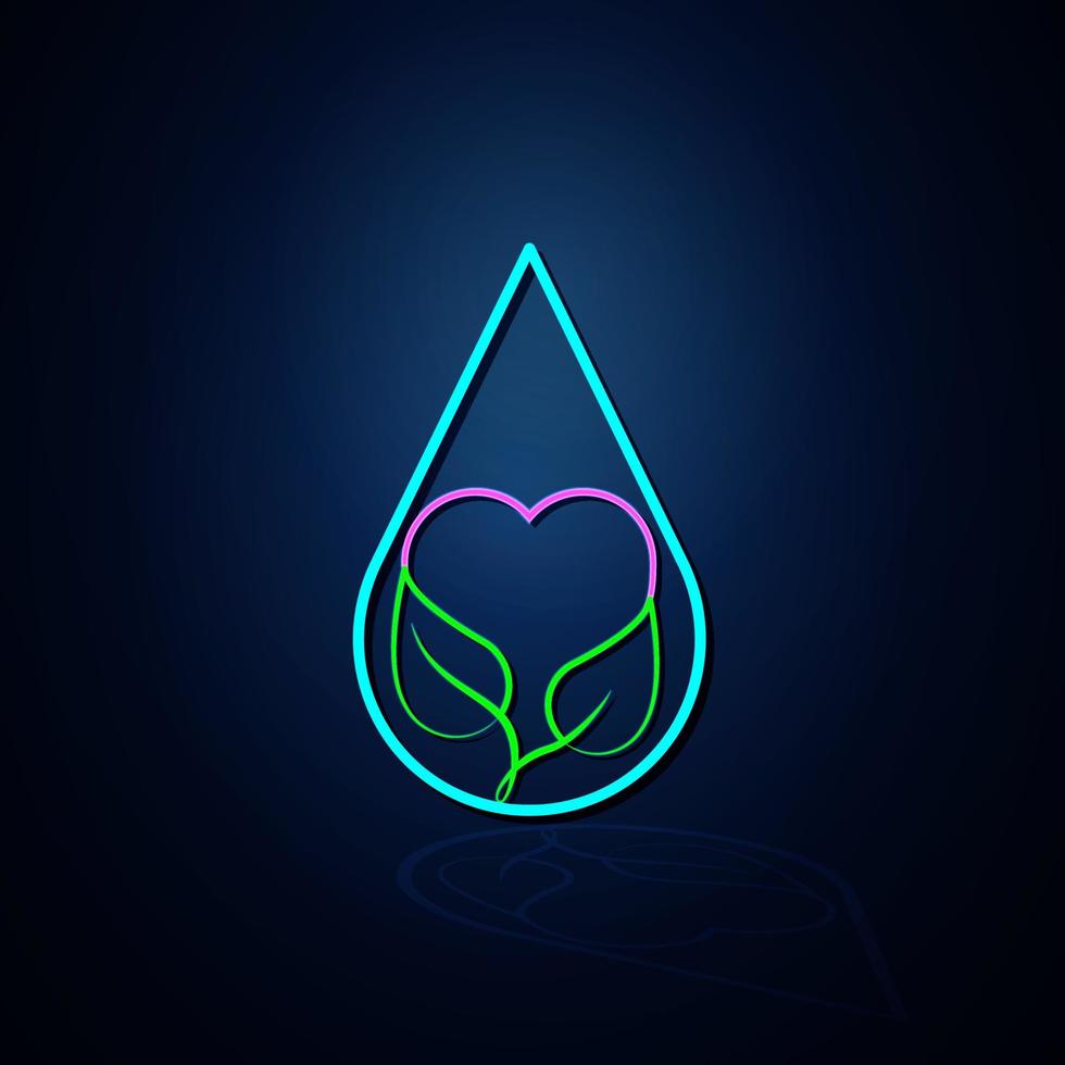 l'icône de la goutte d'eau au néon, du cœur et de la feuille semble claire. icône de ligne néon. santé végétalienne et icône liquide. icône néon. vecteur