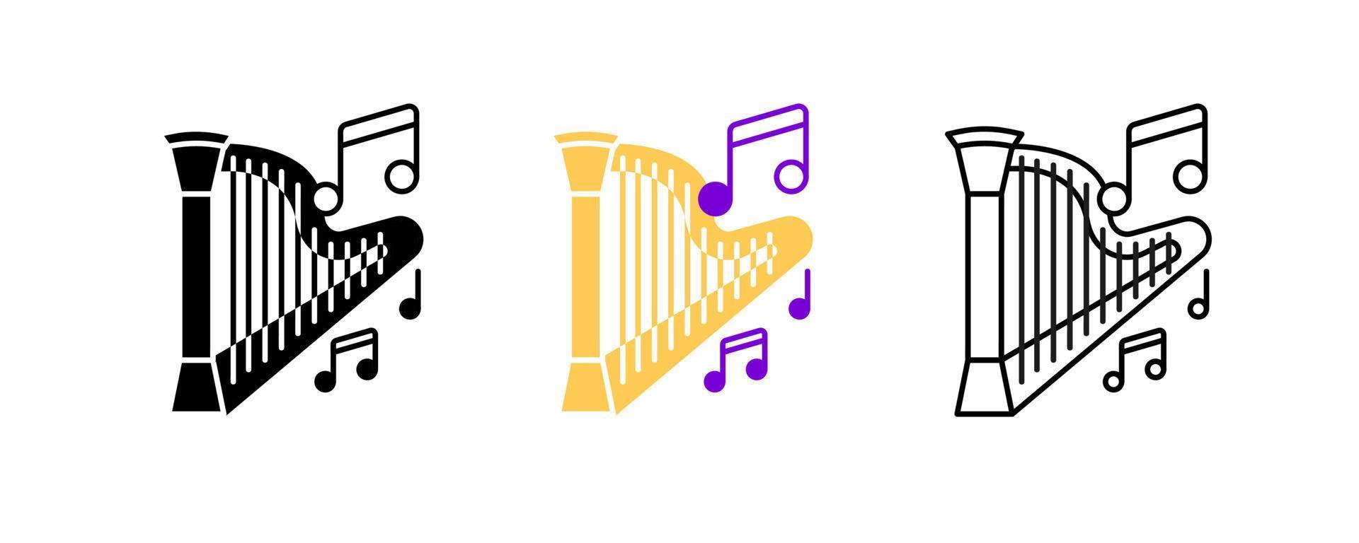 instrument de loi et jeu d'icônes de notes de musique. icône de divertissement et de musique. ensemble d'illustrations vectorielles d'art. ensemble de lignes modifiable. silhouette, jeu d'icônes colorées et linéaires. vecteur