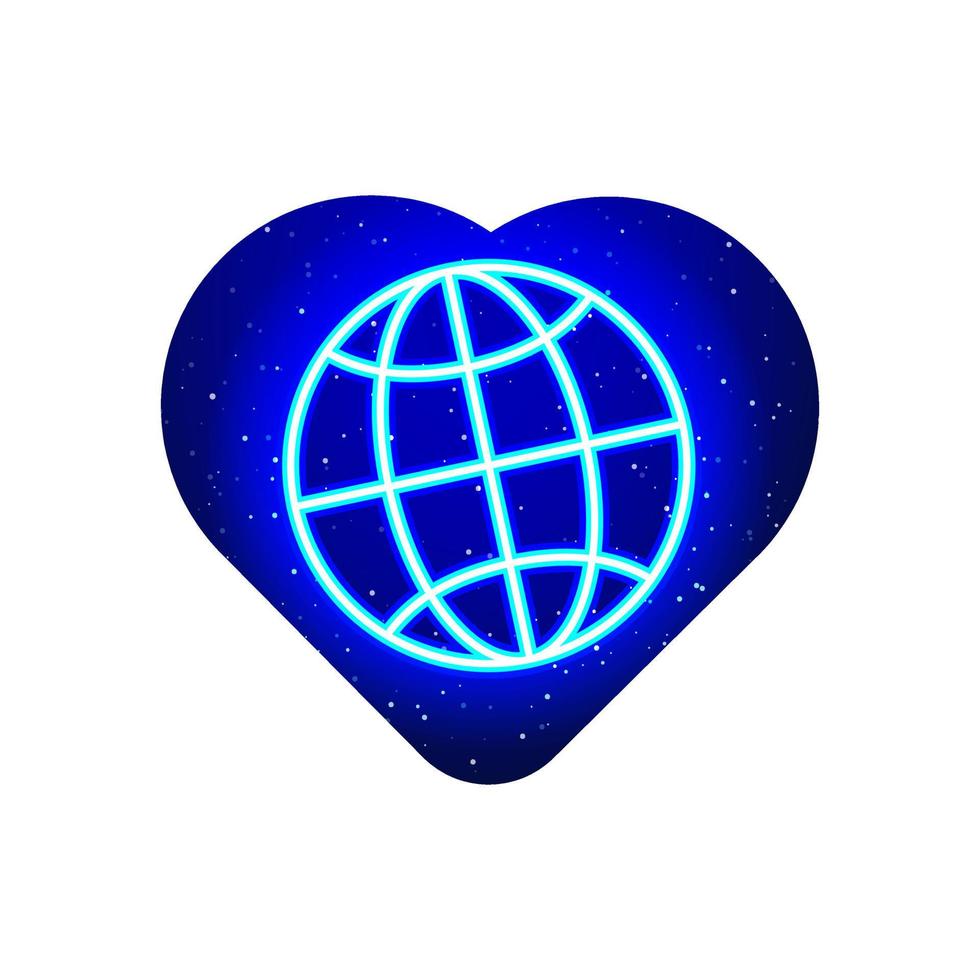 icône du monde-internet bleu néon. icône internet de ligne de ciel réaliste. icône d'icône de voyageur du monde dans le coeur de néon. isolé sur fond blanc. vecteur