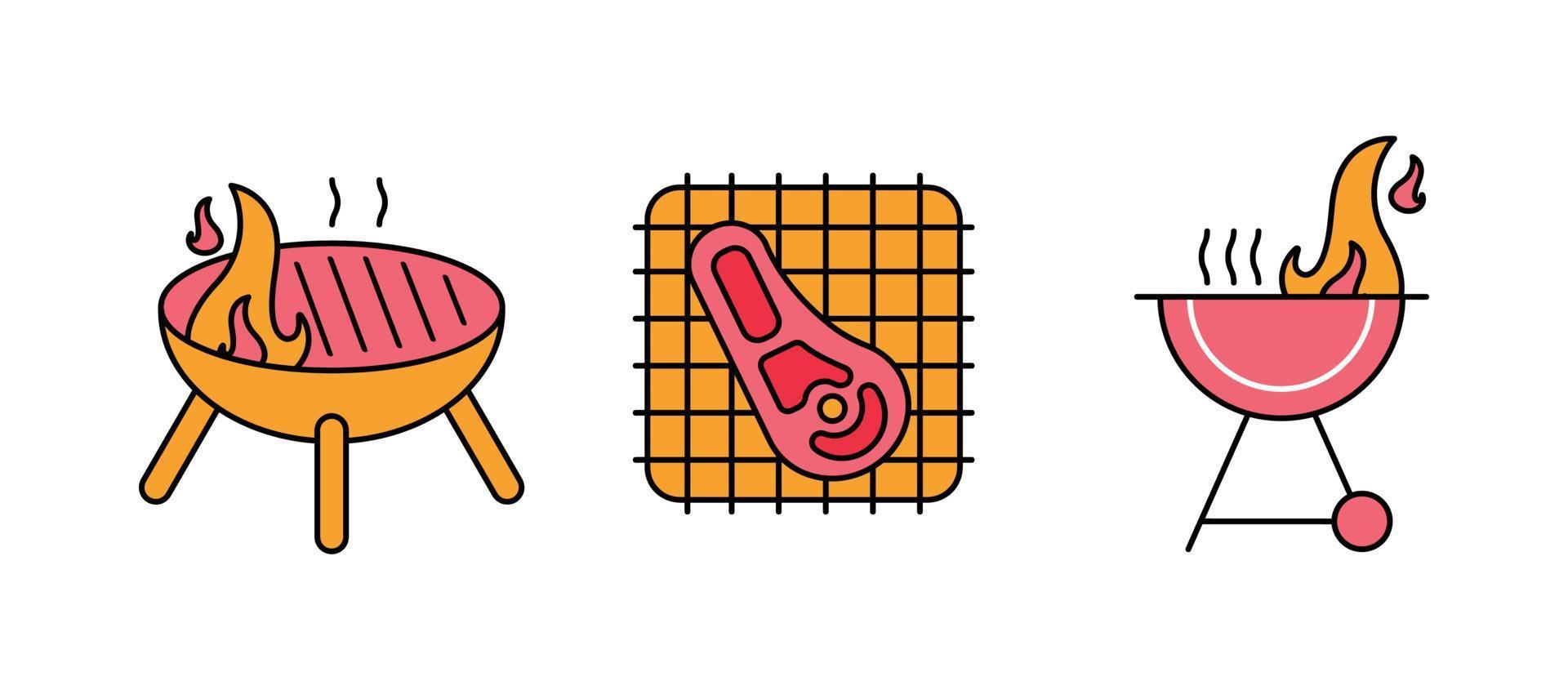 t os sur barbecue, jeu d'icônes de barbecue en flamme. barbecue. collecter. ces icônes contiennent des icônes de plats chauds. c'est un ensemble de dessins colorés. vecteur