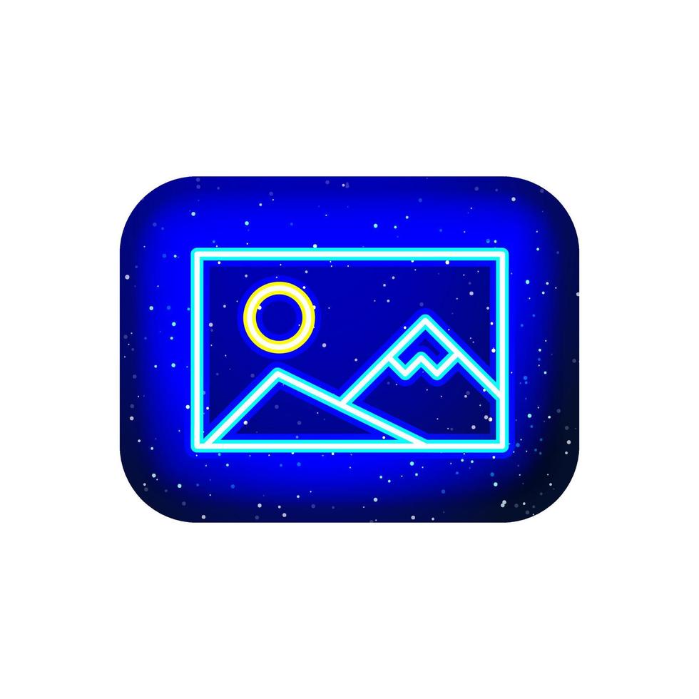 icône photo avec cadre de couleur néon. bleu nuit. conception de cadre solaire avec montagne au néon. icônes de modèle de néon réalistes. il y a une zone de masque sur fond blanc. vecteur