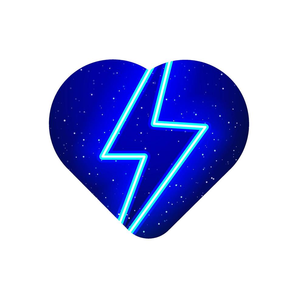 icône de la foudre, de la foudre et de l'électricité à l'intérieur du coeur bleu néon. icône de ligne de tension néon réaliste. icône d'électricité à l'intérieur du coeur de néon. isolé sur fond blanc. vecteur