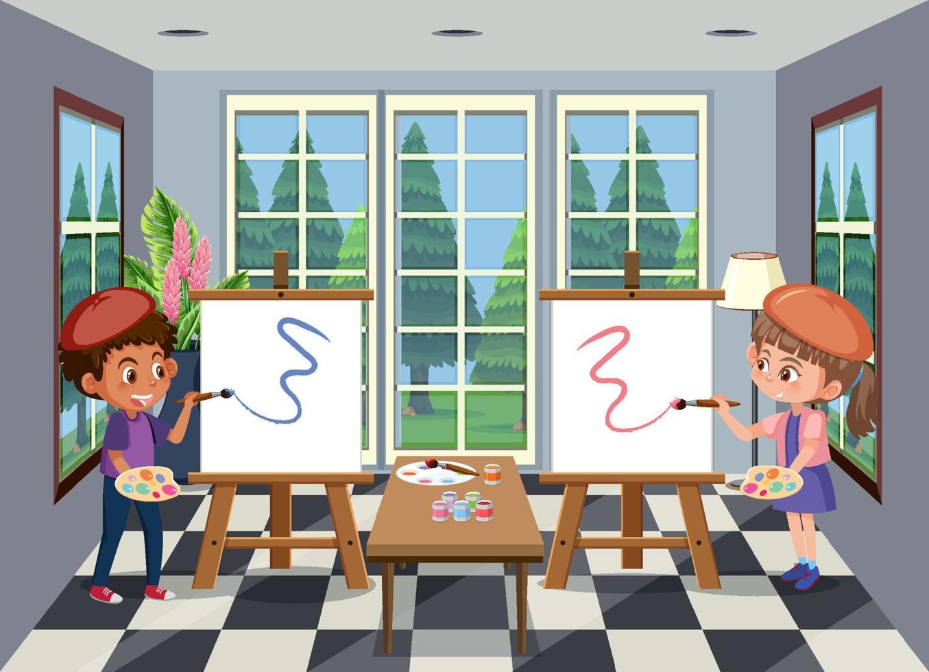 scène de chambre avec des enfants dessinant sur toile vecteur