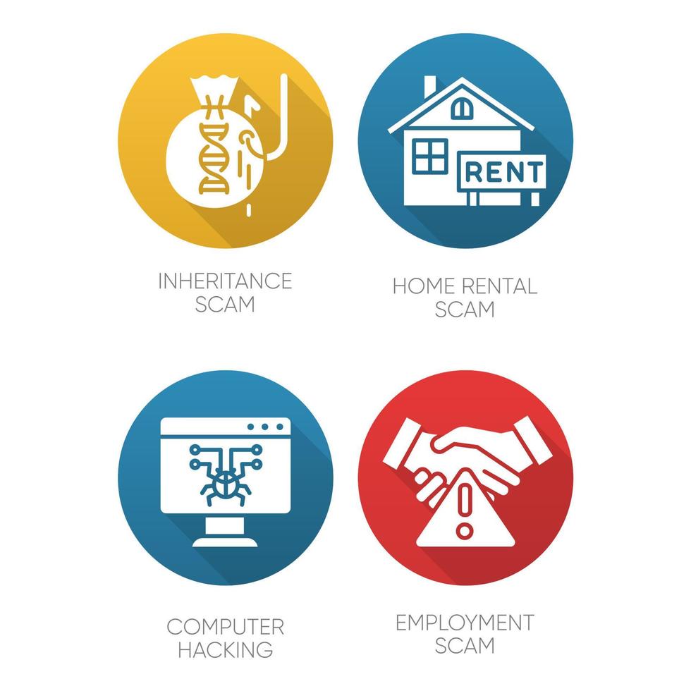 types d'escroquerie ensemble d'icônes de glyphe d'ombre longue à conception plate. héritage, stratagème frauduleux de location de maison. piratage informatique. arnaque à l'emploi. cybercriminalité. arnaque financière. illustration vectorielle silhouette vecteur