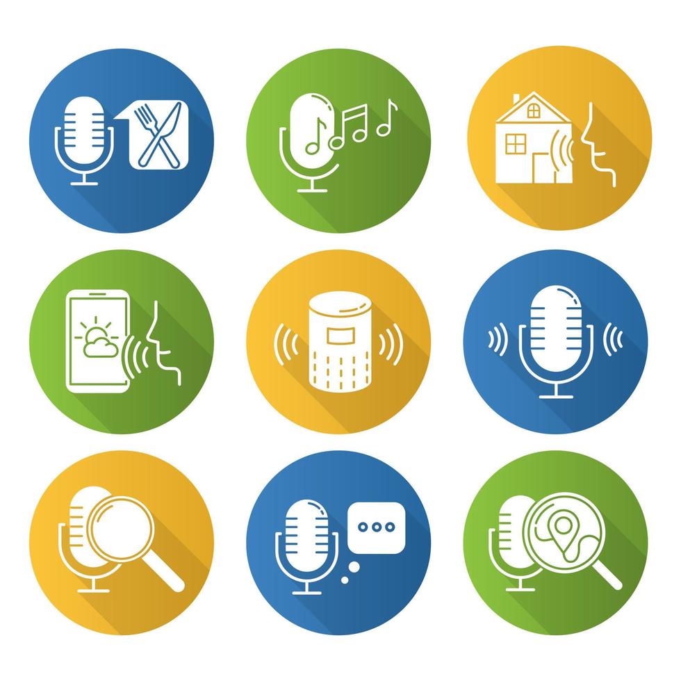 icône de glyphe d'ombre portée du design plat du système de commande vocale. demandes sonores. micros différents. reconnaissance musicale, enregistrement sonore. assistance virtuelle, commandes vocales. illustration vectorielle silhouette vecteur