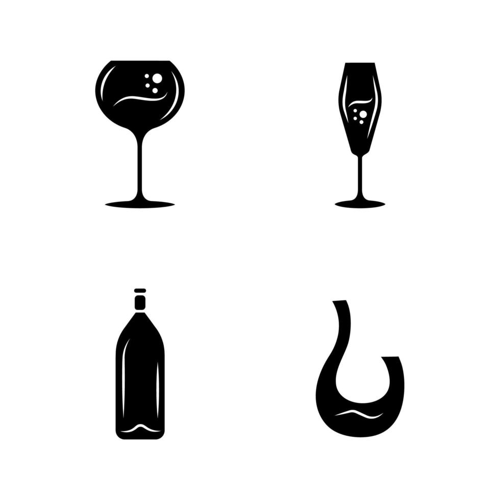 ensemble d'icônes de glyphe de vin. différents types de verres à vin. carafe, bouteille. boisson apéritive, cocktail, boisson alcoolisée. bar, restaurant verrerie. symboles de silhouettes. illustration vectorielle isolée vecteur