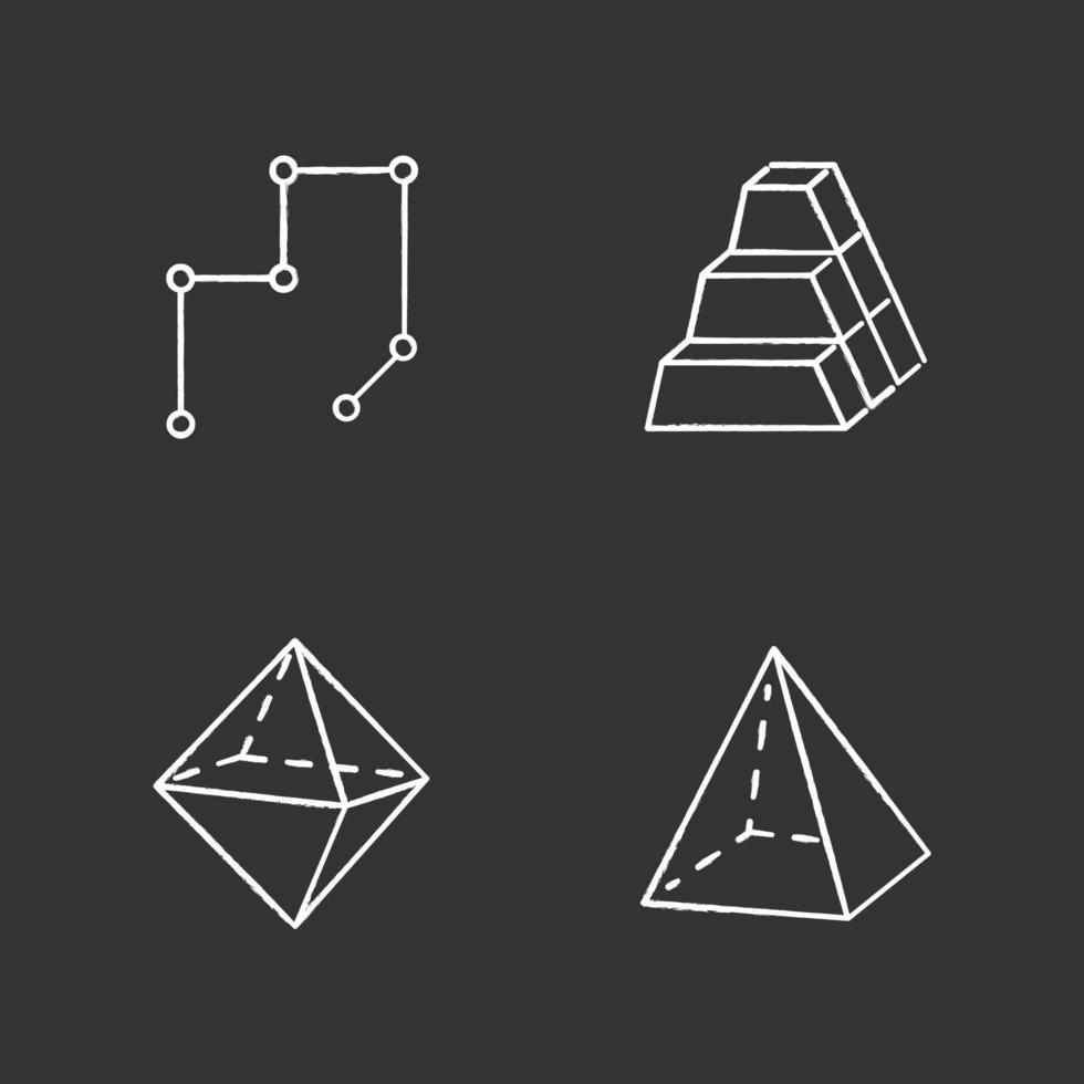 ensemble d'icônes de craie de figures géométriques. lignes connectées avec des points. stock de blocs dimensionnels. tas de briques. double pyramide. formes abstraites. formes isométriques. illustrations de tableau de vecteur isolé