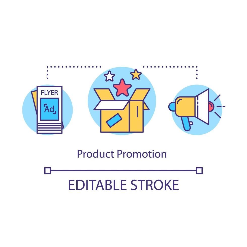 icône de concept de promotion de produit. illustration de la ligne mince de l'idée de production locale. dépliants avec publicités. soldes et remises. ouverture, célébration d'anniversaire. dessin de contour isolé de vecteur. trait modifiable vecteur
