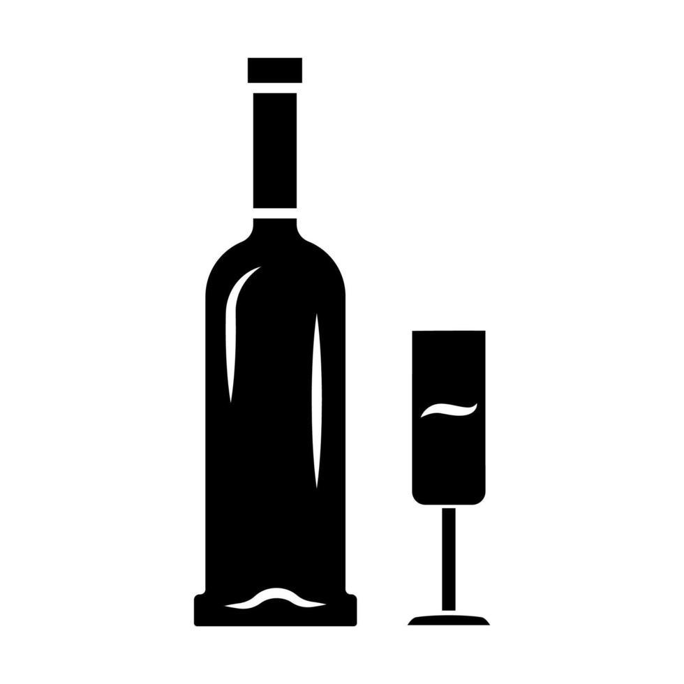 bouteille ouverte et icône de glyphe de verre de champagne. apéritif, boisson alcoolisée, boisson. verrerie de bar, cave, verre à vin. symbole de la silhouette. espace négatif. illustration vectorielle isolée vecteur