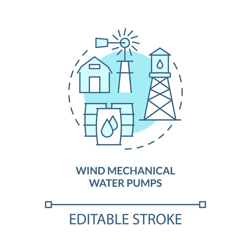 icône de concept turquoise de pompes à eau mécaniques éoliennes. illustration de la ligne mince de l'idée abstraite de l'électrification rurale. dessin de contour isolé. trait modifiable. roboto-medium, myriade de polices pro-gras utilisées vecteur